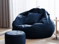 4XL Bean Bag with Footstool & Cushion Ready to Use Filled with Beans | Faux Leather Bean Bag Chair for Home (Navy Blue, XXXL)