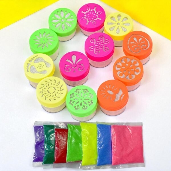6 Rangoli Color Filling Stamp Dibbi Stencil 3 Colour Packets Box Bottles Jali Rangoli Diwali Making Tools Designs Colour and Designs May Vary