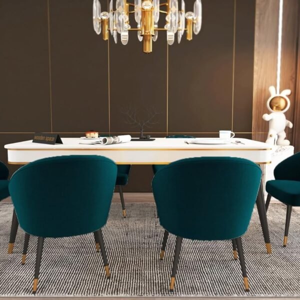 6-Seater Wooden Dining Table Set | Nano Composite Marble Top | Solid Wood Base | Modern Dining Room Furniture with 6 Chairs (Sea Green)