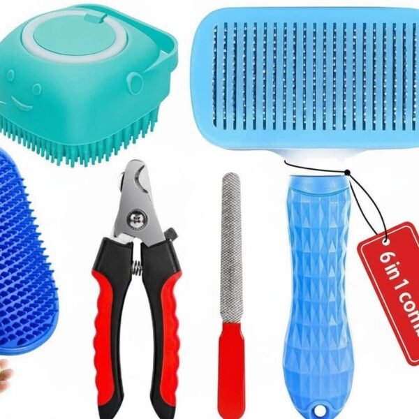 6 in 1 Pet Grooming Kit for Dog and Cat with Shedding Brush Nail Clipper Bath Brush Flea Comb and Complete Grooming Tools Set for Home Pet Hair Care Fur Cleaning and Professional Daily Pet Grooming Use