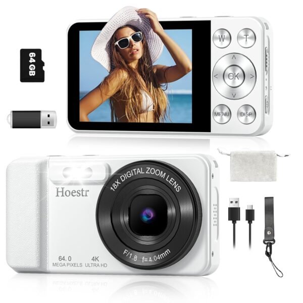 64MP 4K Digital Camera, Hoestr 18X Zoom Autofocus Point and Shoot Compact Camera with 64GB TF Card, Flash, 2.8" LCD Screen for Teens Adult Beginner Travel Photography Vlogging（White）
