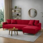 AMATA Omega Solid Wood 4 Seater L Shape red Suede Velvet Fabric Sofa Set with Four Cushions Perfect for Home Office Guests Living Room (03 RED, Omega L Shape 4 SSEATER)(3 Year Warranty)