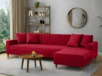 AMATA Omega Solid Wood 4 Seater L Shape red Suede Velvet Fabric Sofa Set with Four Cushions Perfect for Home Office Guests Living Room (03 RED, Omega L Shape 4 SSEATER)(3 Year Warranty)