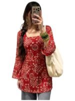 ANNI Designer Women’s Viscose Blend Printed Short Kurti | Straight Fit Casual Ethnic Top | Square Neck Full Sleeve Kurta Office College