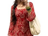 ANNI Designer Women’s Viscose Blend Printed Short Kurti | Straight Fit Casual Ethnic Top | Square Neck Full Sleeve Kurta Office College