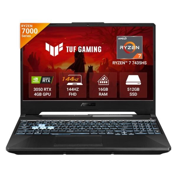 ASUS TUF Gaming A15, AMD Ryzen 7 7435HS Gaming Laptop(NVIDIA RTX 3050-4GB/60W TGP/16GB RAM/512GB SSD/FHD/15.6"/144Hz/RGB KB/48WHr/Windows 11/Graphite Black/2.30 Kg) FA506NCR-HN054W