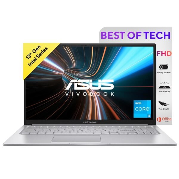 ASUS Vivobook 15, 13th Gen, Intel Core i3-1315U, 8GB RAM,512GB SSD,15.6" (39.62 cms), FHD, Windows 11,MS Office,Backlit Keyboard,Silver,1.7 kg, X1504VA-NJ320WS, Thin & Light Laptop