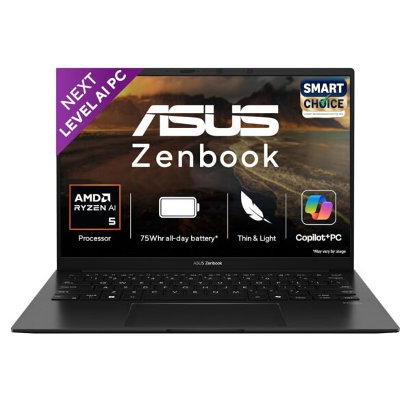 ASUS Zenbook 14, Smartchoice,AMD Ryzen AI 5 340, AI PC(AMD Radeon Graphics/16GB RAM/512GB SSD/3K OLED/14/120Hz/Windows 11/M365 Basic (1Year)*/Office Home 2024/Jade Black/1.2 Kg) UM3406KA-PP240WS