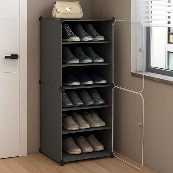 AYSIS Plastic Shoe Rack for Home | 𝟔 𝐒𝐡𝐞𝐥𝐟 DIY Shoe Rack with Door for Home Storage Plastic Box Organizer, Metal Door Frame, Chappal Slipper Sandals Stand (Grey, 6-Shelf-2-Door)