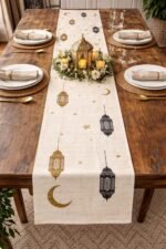 Aazeem Ramadan Mubarak Table Runner for Dining Table 6 Seater | Mosque Lantern Islamic Design Table Cover | Festive Home Decor
