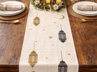 Aazeem Ramadan Mubarak Table Runner for Dining Table 6 Seater | Mosque Lantern Islamic Design Table Cover | Festive Home Decor