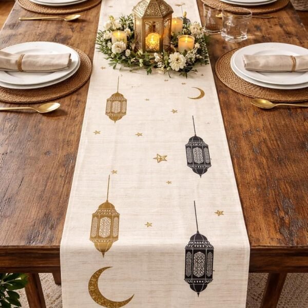 Aazeem Ramadan Mubarak Table Runner for Dining Table 6 Seater | Mosque Lantern Islamic Design Table Cover | Festive Home Decor