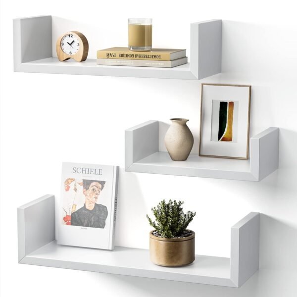 Amada Homefurnishing Floating Shelves Wall Mounted,Wall Shelf For Bathroom,Bedroom,Kitchen,Living Room,U-Shaped Decorative Wall Shelves Includes 3 Lengths,12-24 Inch Long,Amfs18W-Engineered Wood,White