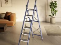 Amazon Basics Super Clamber - Non-Trip and Flat-Foldable Step Ladder, with Anti-Skid Steps, 6 Steps (Steel, Blue & White)
