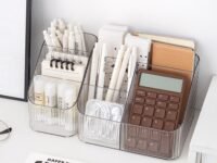 Amazon Basics Transparent Desk Organiser Combo | 3 & 4 Compartment Units | 3.9 × 14.9 × 12 cm & 18 × 14.8 × 12 cm | White | Plastic | Compact Storage for Office, Makeup, or Crafts | Pack of 2