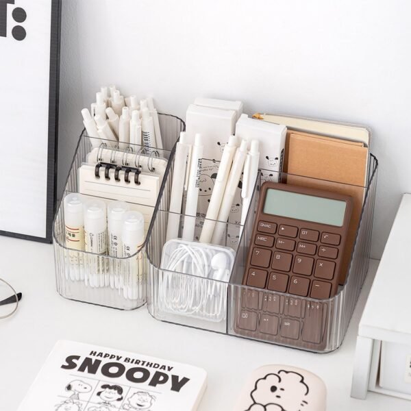 Amazon Basics Transparent Desk Organiser Combo | 3 & 4 Compartment Units | 3.9 × 14.9 × 12 cm & 18 × 14.8 × 12 cm | White | Plastic | Compact Storage for Office, Makeup, or Crafts | Pack of 2