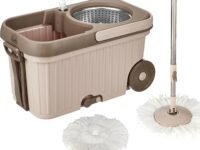 Amazon Brand - Presto! Elite Spin Mop with Steel Wringer and Auto-fold Handle, Chestnut, 2 Refills