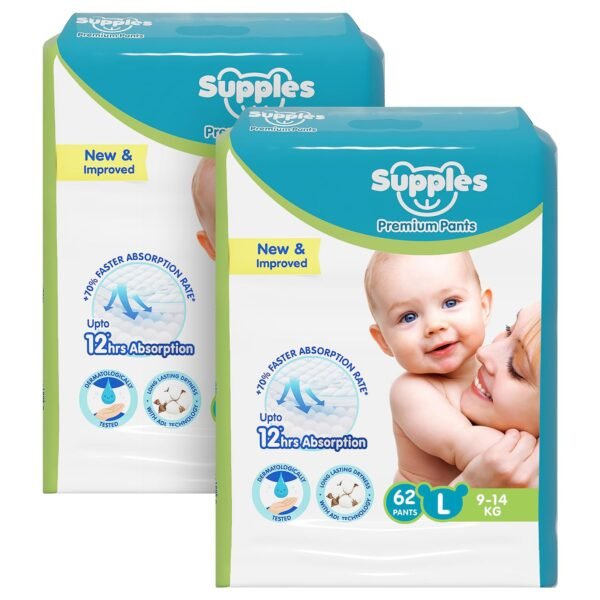 Amazon Brand - Supples Premium Baby Diaper Pants | 124 Baby Diapers | Large | 9-14 Kg | 12 Hrs Absorption | Cushiony Cotton Soft Fabric | Phthalates-Free | Triple Leak Guard | 62 Count, Pack of 2