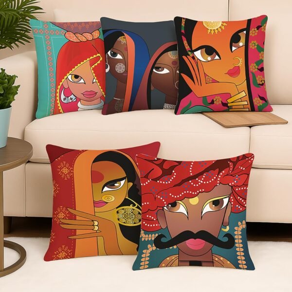 Amazon Brand - Umi Rajasthani Culture Printed Polycotton Cushion Covers | Decorative Square Throw Pillow Cases for Sofa, Living Room & Bedroom | Set of 5 (16 x 16 Inches)