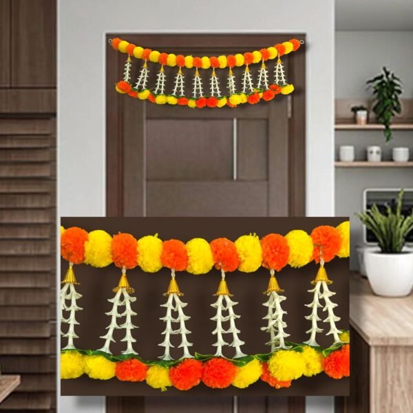 Artificial Marigold Bandanwar with Tuberose & Bell, Yellow & Orange, 40 Inch, Bandanwar for Entrance, Home, Temple & Festive Decor & Housewarming Gifts (B0102)