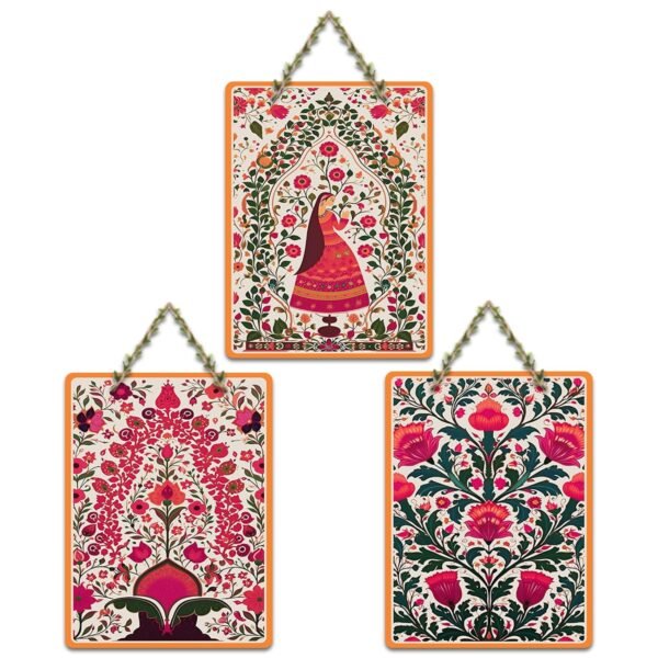 Artvibes Pichwai Floral Art Decorative Wall Art MDF Wooden Wall Hanger for Home | Handcrafted Art | Festive Decor | Wall Art Print | Paintings For Wall | Unique Gift Items (WH_96151N), Set of 3