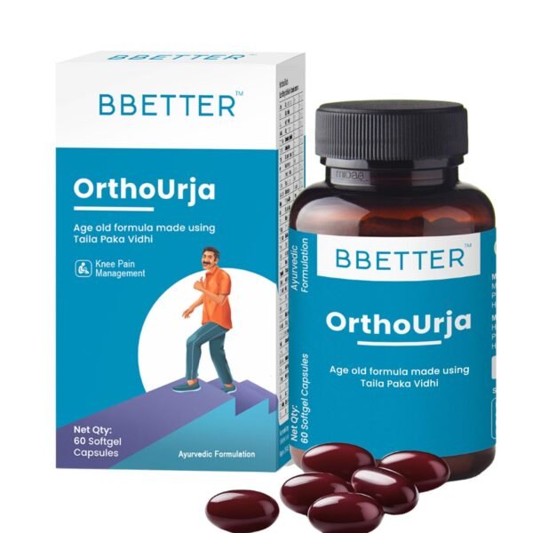 BBETTER OrthoUrja -Lab Tested Ayurvedic Medicine for Knee pain, Joint Pain & Arthiritis Relief | Made by Taila Paka Vidhi Method | 60 Softgels