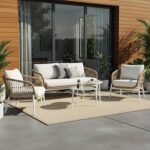 BRISHI Outdoor 4 Seater Sofa Set | Balcony Sofa | Patio Furniture Sets | Conversation Sets | Braid & Rope Garden Sofa Set (Beige), 220 cm, 70 cm