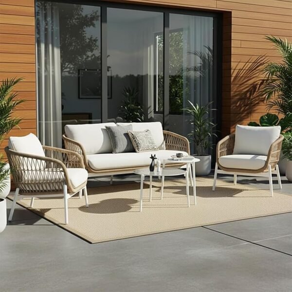 BRISHI Outdoor 4 Seater Sofa Set | Balcony Sofa | Patio Furniture Sets | Conversation Sets | Braid & Rope Garden Sofa Set (Beige), 220 cm, 70 cm