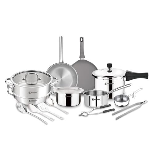 Bergner 17 Pcs Marriage Set, Triply Cookware Set, Consumes Less Oil, Healthy Cooking, Complete Kitchen Set, Even Heat Distribution, Induction Compatible, Gift Set for Marriage/Anniversary