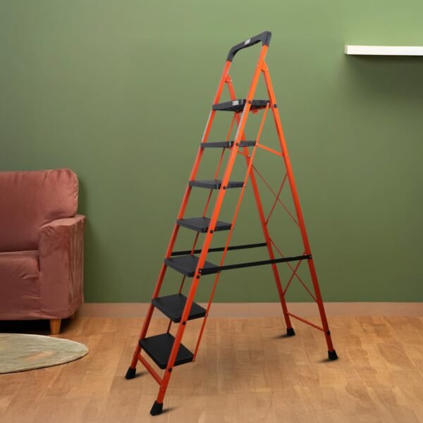 BonKaso Premium Steel Multipurpose Climb Easy Anti-Slip 7-Step Foldable Ladder with Safety Clutch Lock, Support Handle and Tool Tray for Home, Load Capacity Upto 120kg - (Orange & Black)