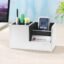 CLADD INTERNATIONAL Vegan Leather Compact Office Desk Organizer Multifunctional Storage with 3 Compartment | Stationery Supplies | Business Card | Remote | Makeup Accessories | Mobile | White