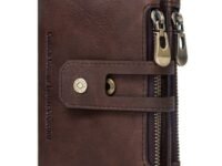 Contacts Men's Genuine Leather Wallet | RFID Blocking Wallet for Men| 14 Card Slots, 1 ID Window | 2 Zipper Compartments, Button Closure (Brown)