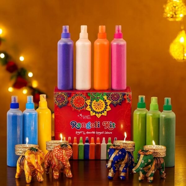 CraftVatika10 Rangoli Colour Powder Tube Kit with 4 Elephant Candle Holder Set for Diwali Ganesh Chaturthi Laxmi Pooja Home Temple Rangoli Candle Floor Decoration