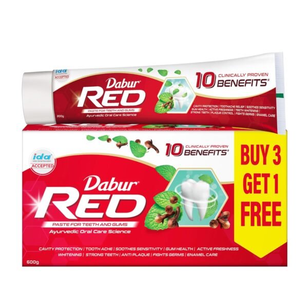 Dabur Red 600g (150g x 4, Pack of 4) Toothpaste - India's No.1 Ayurvedic Paste, Provides Protection Plaque Removal, Toothache, Yellow Teeth, Bad Breath-