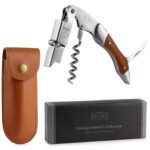 Deluxe Stainless Steel waiter's wine corkscrew and rosewood with vegan leather sheath by M&R Blvd. | Patented spring lever for easy opening | Foil cutter and beer bottle opener (Rosewood)