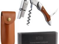 Deluxe Stainless Steel waiter's wine corkscrew and rosewood with vegan leather sheath by M&R Blvd. | Patented spring lever for easy opening | Foil cutter and beer bottle opener (Rosewood)