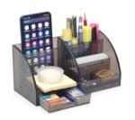 Desk Organizer, 7 Compartment Stationary Organizer- Office Table Accessories- Paper Weight/Pen Holder- Pen Stand for Office Table Stylish (Polycarbonate), Smoky Black