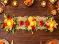 Divyakosh Flower Table Runner Decoration for Dining Table with LED | Artificial Floral Centerpiece with Diya Lights | Festive Table Decor for Diwali, Wedding, Pooja & Home Decoration, 22 Inch