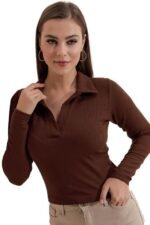 Dream Beauty Fashion Women's Collared Neck Long Sleeve Slim Fit Casual Tee Top, 23" inches (Apple-01-P)