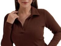 Dream Beauty Fashion Women's Collared Neck Long Sleeve Slim Fit Casual Tee Top, 23" inches (Apple-01-P)