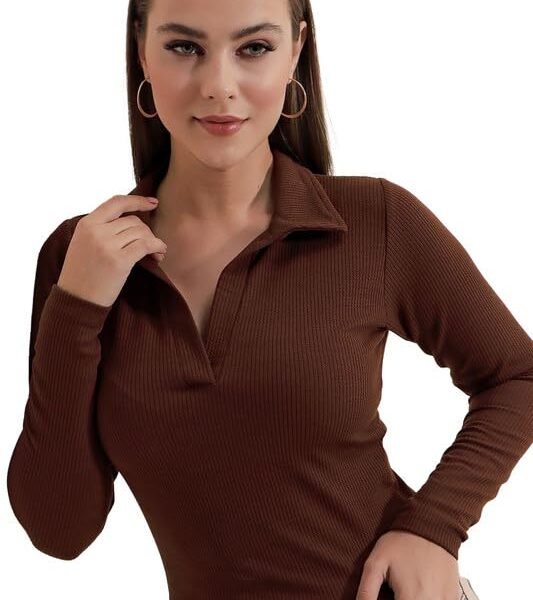 Dream Beauty Fashion Women's Collared Neck Long Sleeve Slim Fit Casual Tee Top, 23" inches (Apple-01-P)