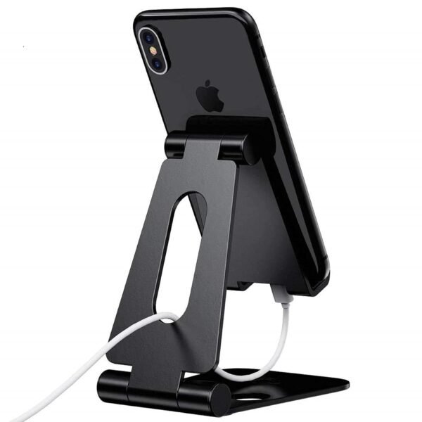 ELV Aluminum Adjustable Mobile Phone Foldable Holder Tabletop Stand, Dock Mount for All Smartphones, Tabs, Kindle, iPad (Black)