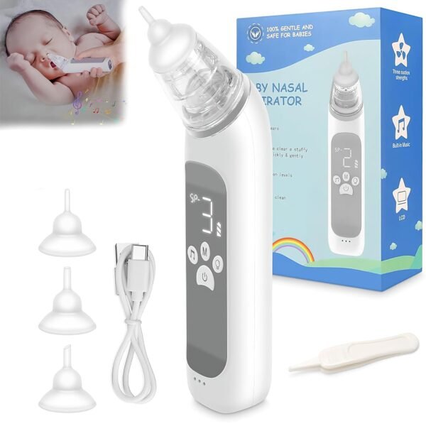 Electric Baby Nasal Aspirator - Newborn Nose Cleaner, Snot Sucker & Booger Picker with 3 Levels Suction, Saline-Friendly, Suction Remover, Featuring Music & Light - Suitable for Infant Care