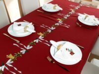 Embroidered Cotton Tablecloth 60 x 60 Inch Square – Washable & Colorfast Table Cover for Dining Room, Farmhouse, Kitchen, Home, Party & Wedding Décor - Crimson Cheer