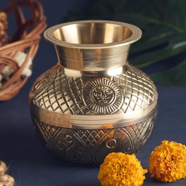Esplanade Brass Kalash for Pooja – 4.5" Puja Items for Home Temple Mandir, Lota Pot for Pooja, 100% Brass Utensils for Kitchen, Engraved Peetal Lota