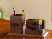 ExclusiveLane Sheesham Wooden Table Organizer Desk Organizer for Study Table Office | 'Rhombus Rumbles' Hand Carved Pen Stand for Office Table Accessories Stationery Organiser
