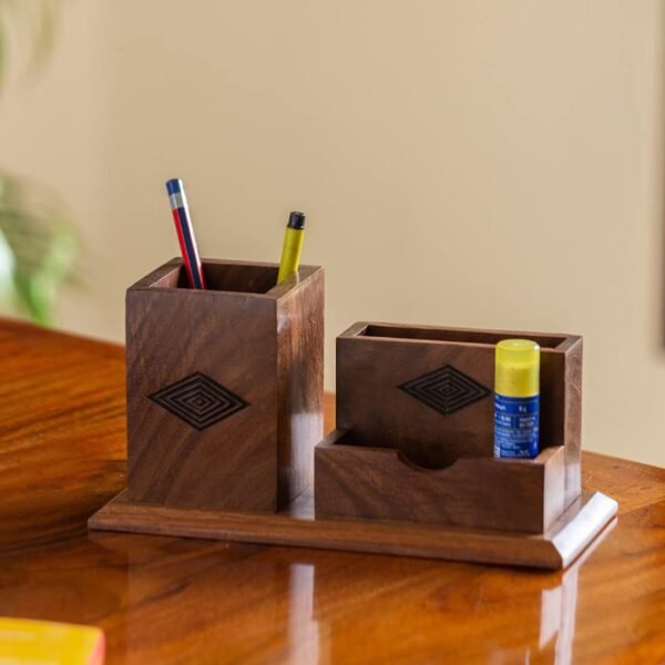 ExclusiveLane Sheesham Wooden Table Organizer Desk Organizer for Study Table Office | 'Rhombus Rumbles' Hand Carved Pen Stand for Office Table Accessories Stationery Organiser