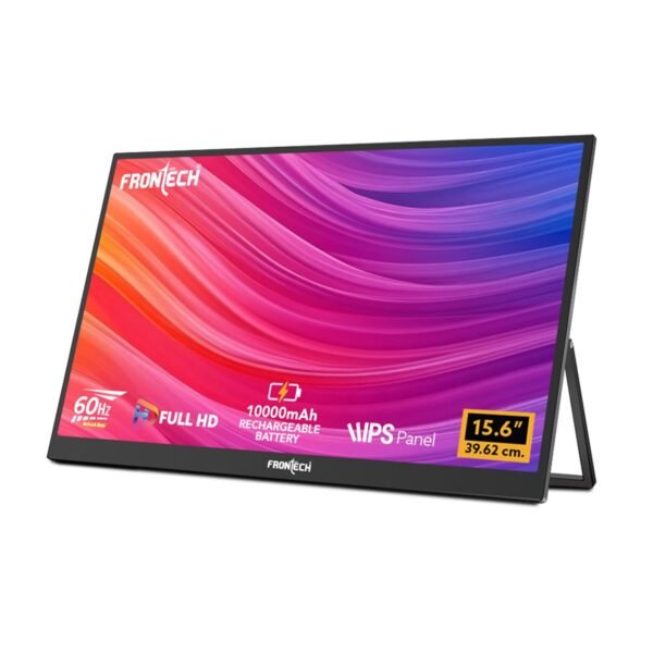 FRONTECH 15.6″ Portable LED Monitor, Full HD IPS Display, 10000mAh Rechargeable Battery, Dual Type-C & Mini HDMI, Built-in Speakers, 180° Stand, Works with Laptop/PS5/Switch/Phone (MON-0023P)
