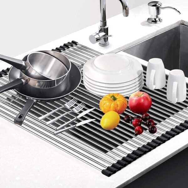 Foldable Stainless Steel Drain Rack/Kitchen Sink Roll up Dish Drying Rack/Portable Dish Drainer Rack for Crockery, Utensils, Fruits, Vegetables, Etc. (Multi-Color)