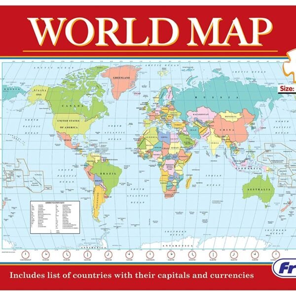 Frank World Map Puzzle (108 Pieces) - Early Learner Giant Jigsaw Puzzle Set with List of Countries, Capitals & Currencies for Kids 6 Years and Above - Educational Toys and Games - 10165